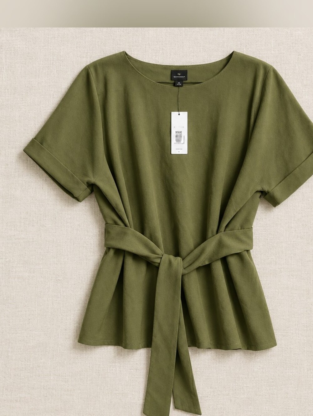 Worthington Olive Green Short Sleeve Blouse, With Tie-waist Belt XLarge. NWT - Picture 2 of 10